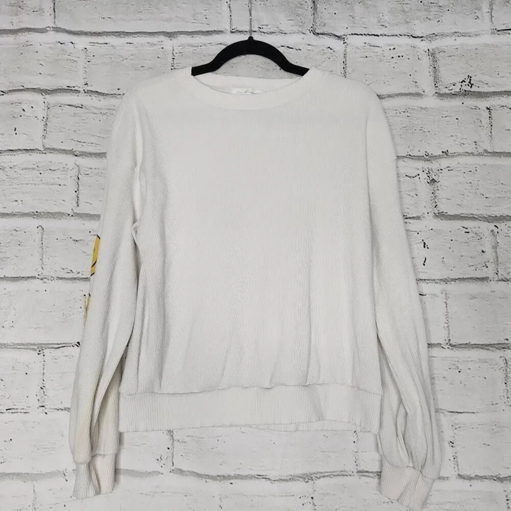 Ces Femme Womens White Ribbed Smiley Face Long Sleeve Pullover Sweatshirt Medium